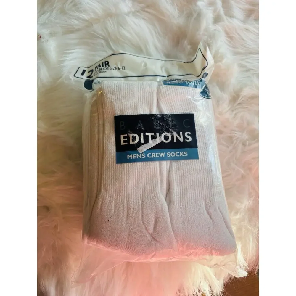 NOS Basic‎ Editions Mens 12pk 6-12 Shoe 10-13 Foot Cushion Crew Tube Socks VTG